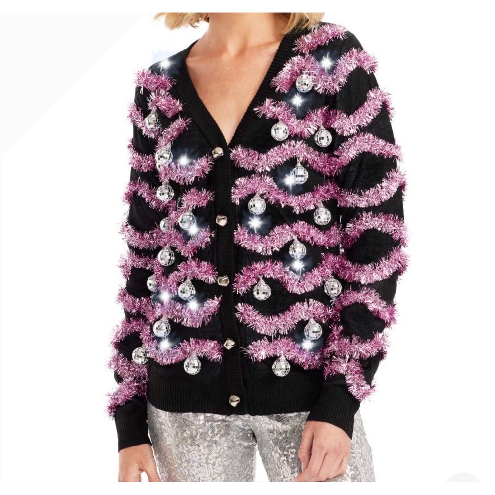 Tipsy‎ Elves Deck The Disco Balls Light Up Ugly Christmas Sweater Cardigan XL